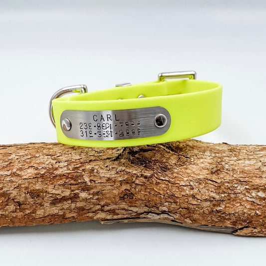 Neon yellow dog collar with a metal tag on a wooden branch