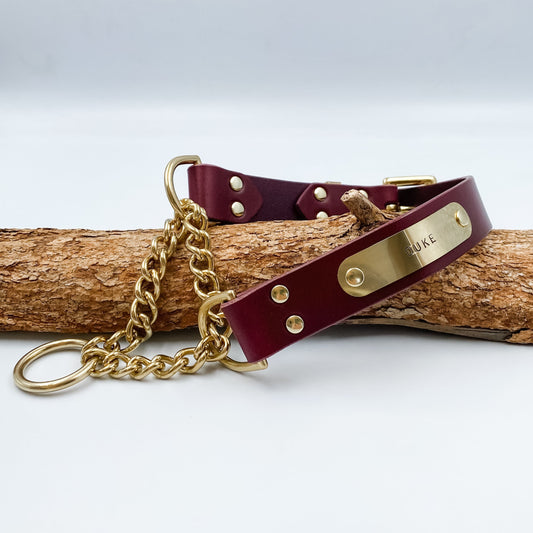 Genuine Leather Martingale or Half Check Dog Collar with brass nameplate - Custom Made in NZ by Kinfolk Leather