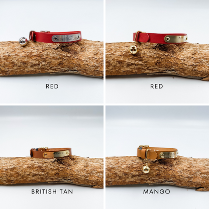 Custom Leather Cat Collars with nameplate - Red and Yellow Tan - made in NZ by Kinfolk Leather