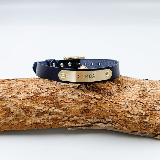 Soft Leather Puppy Collar with personalised brass nameplate - custom made in NZ by Kinfolk Leather