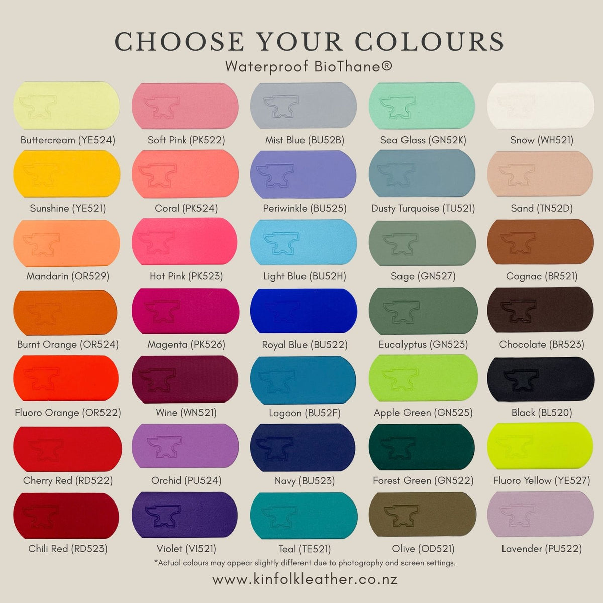 Kinfolk Leather BioThane colour chart showing the available colours for custom-made collars.