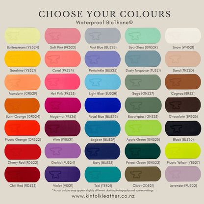 Kinfolk Leather BioThane colour chart showing the available colours for custom-made collars.