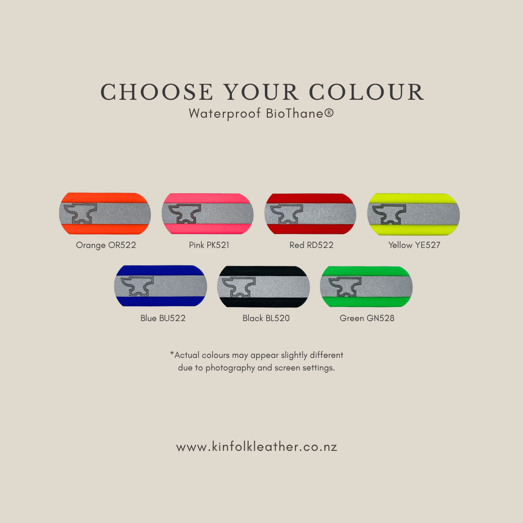 Seven reflective BioThane dog collar colours - orange, pink, red, yellow, blue, black and green