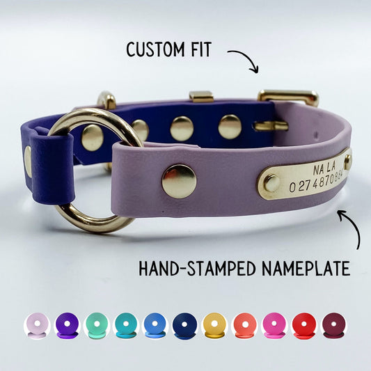 Two Tone O Ring Dog Collar made from waterproof biothane. includes hand stamped nameplate. custom sized