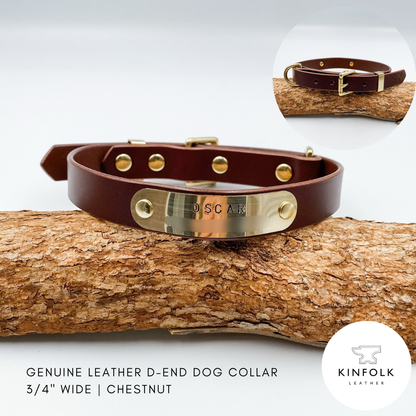 Brown leather dog collar with gold D-end on a wooden branch, featuring the brand 'KINFOLK Leather'.