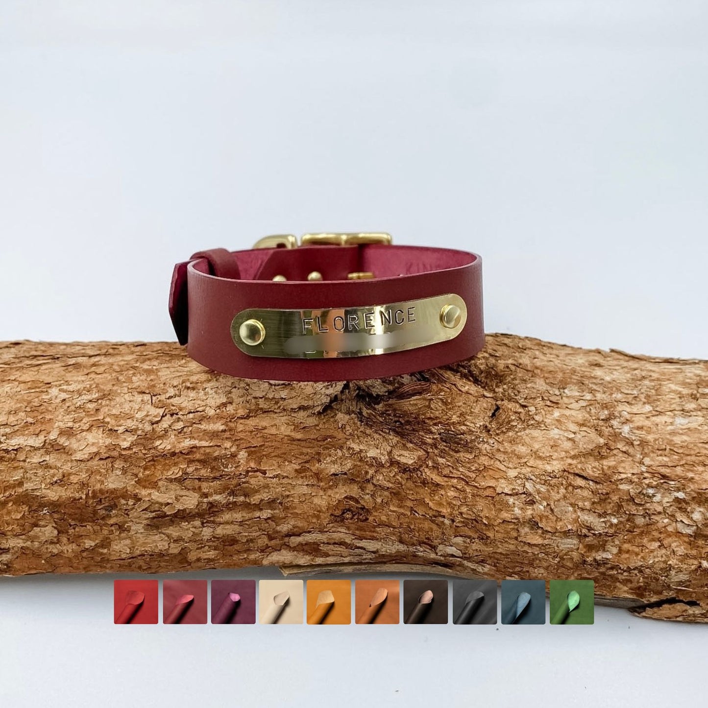 Soft leather puppy collar with personalised nameplate and solid brass hardware