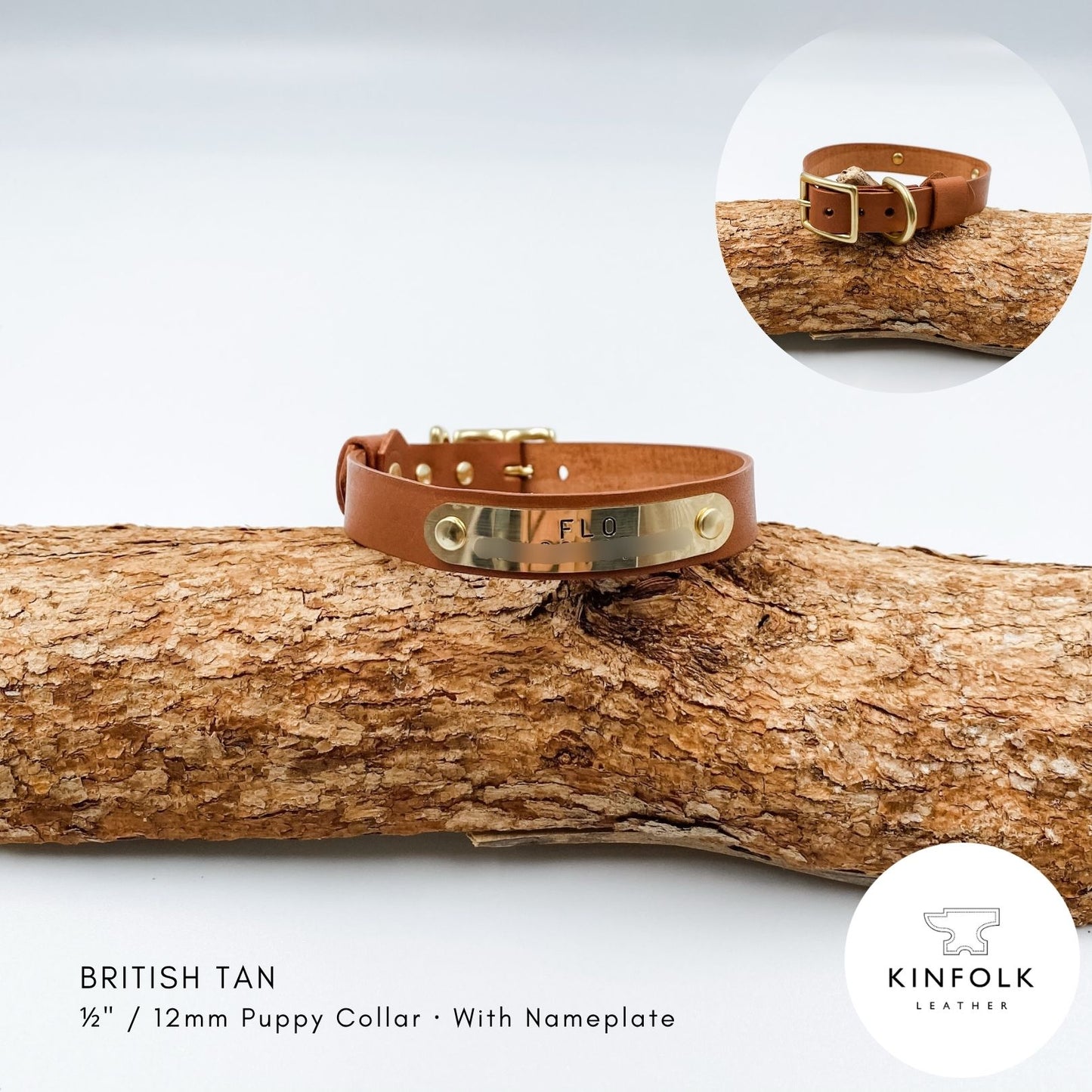 British Tan leather puppy collar with personalised brass nameplate