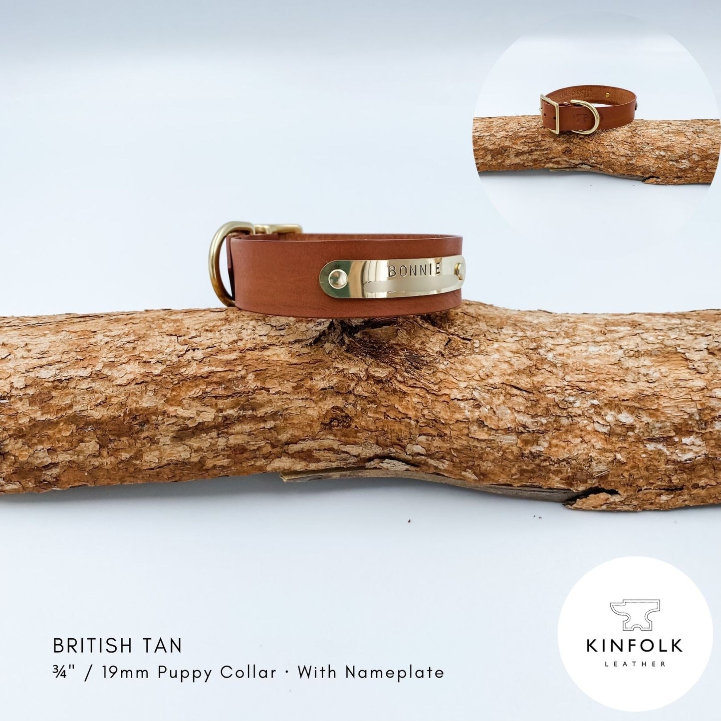 British Tan leather puppy collar with personalised brass nameplate