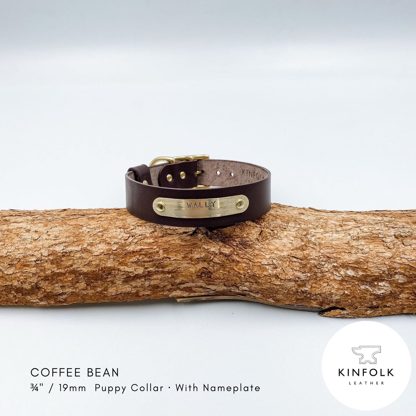 Coffee Bean brown leather puppy collar with personalised brass nameplate