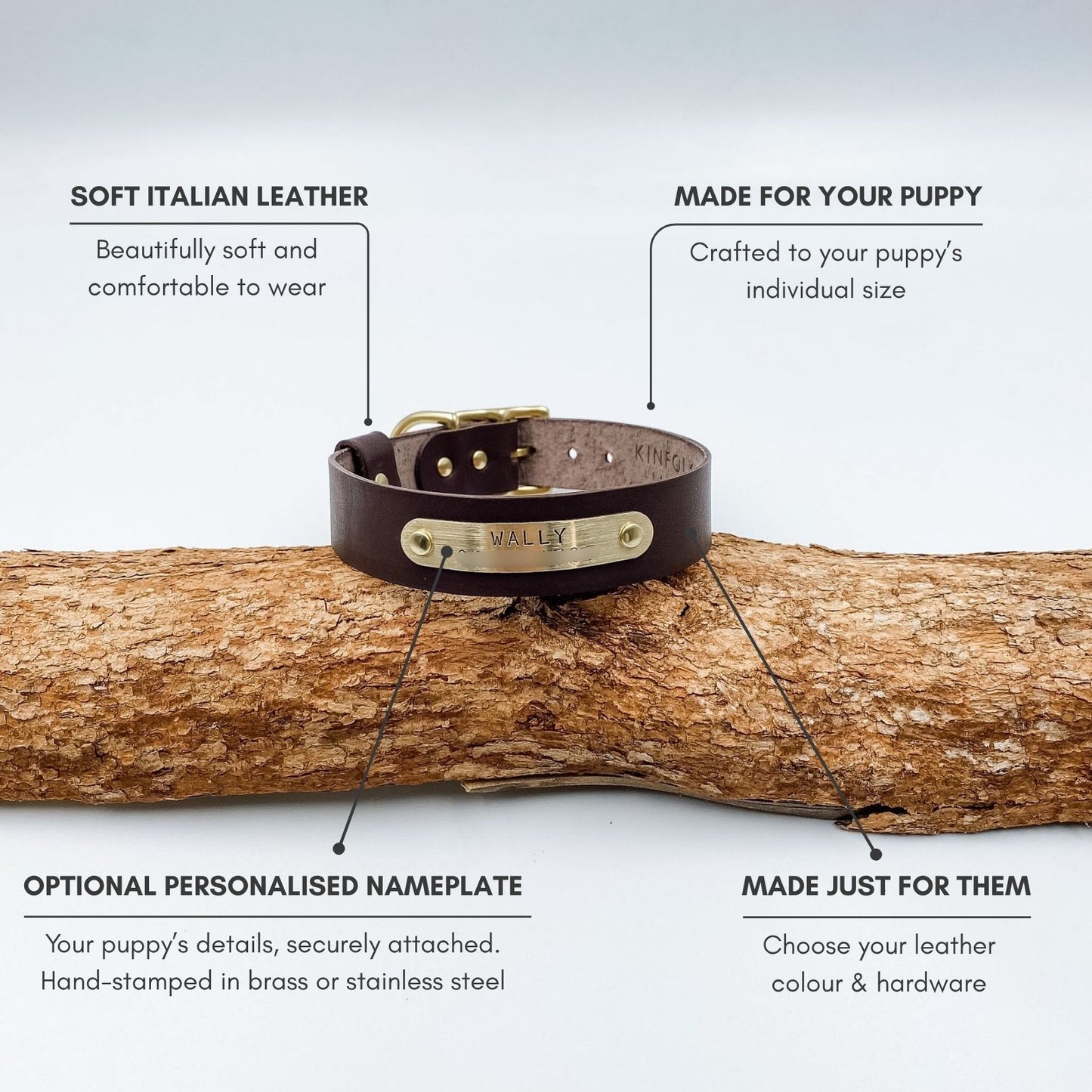 Leather puppy collar features including soft leather, adjustable sizing and optional personalised nameplate