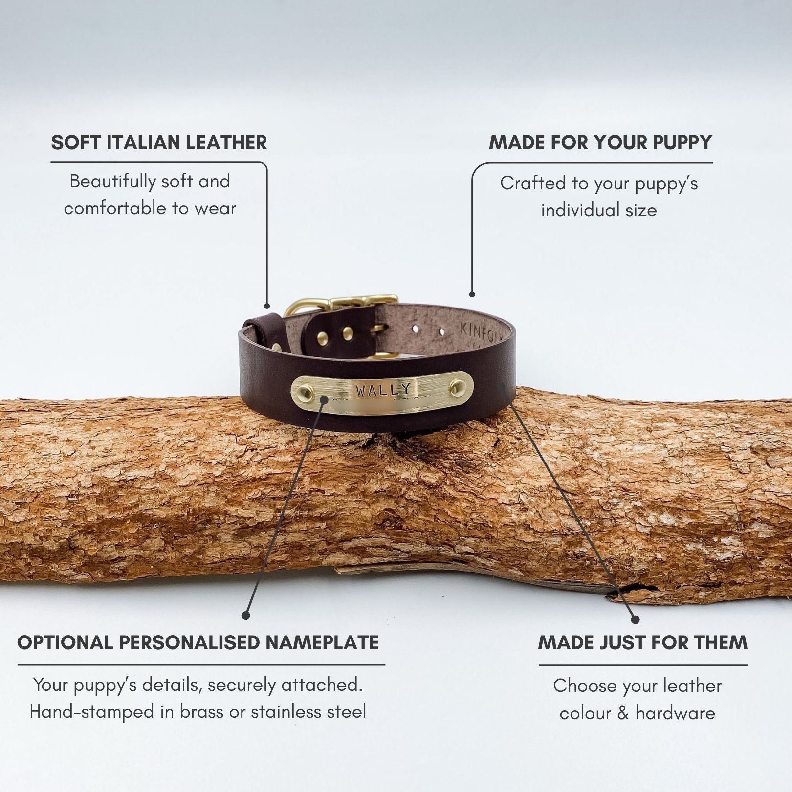 Leather puppy collar features including soft leather, adjustable sizing and optional personalised nameplate