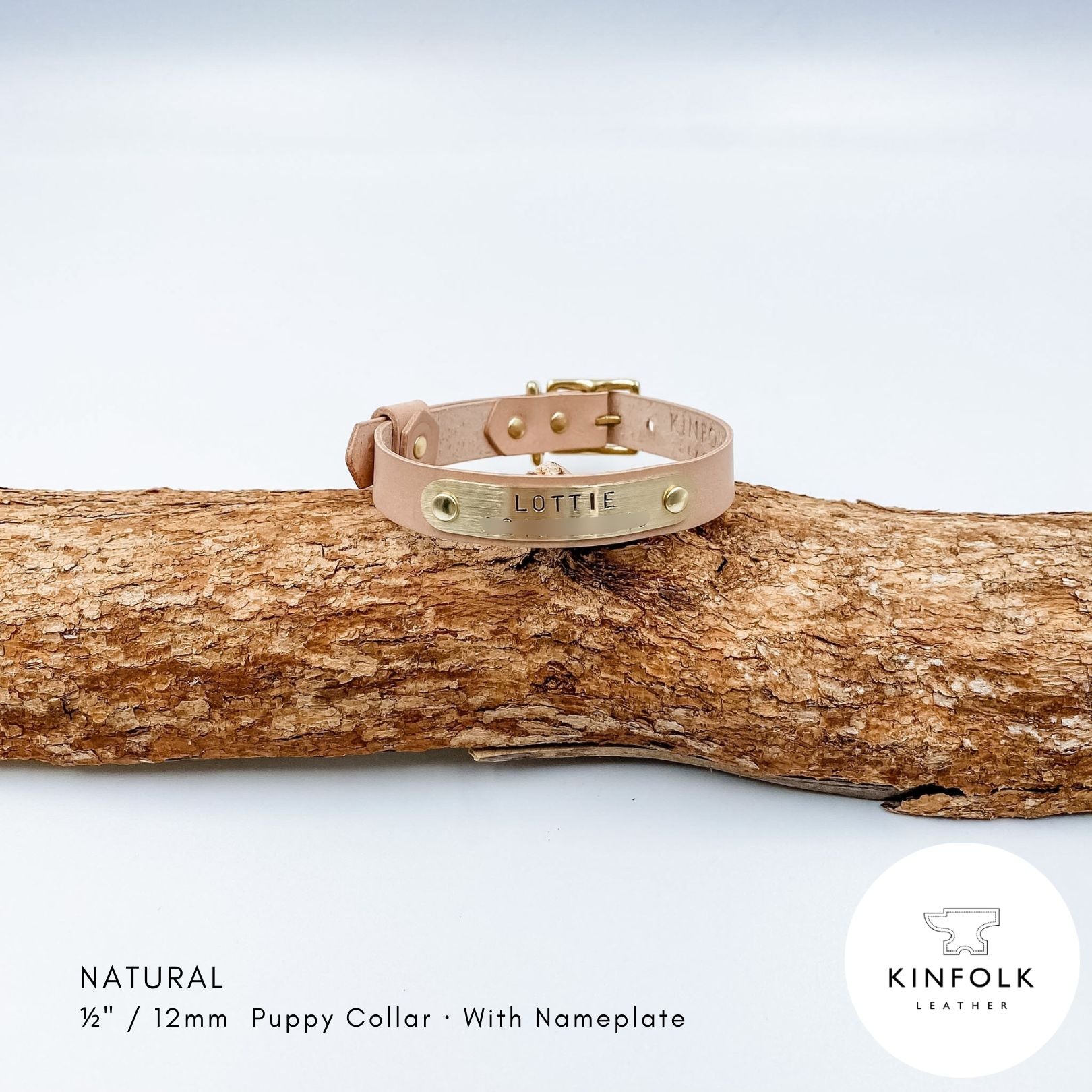Natural leather puppy collar with personalised brass nameplate