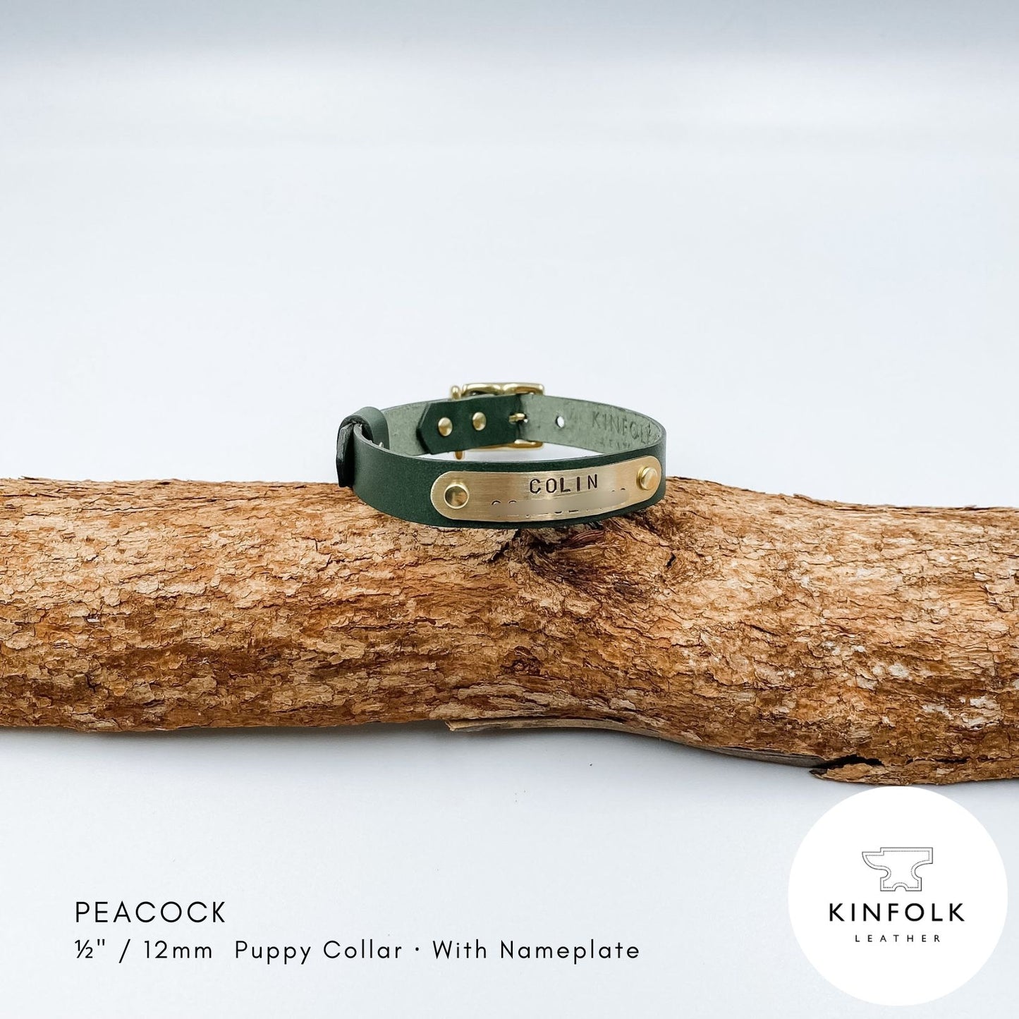Green leather puppy collar with personalised brass nameplate