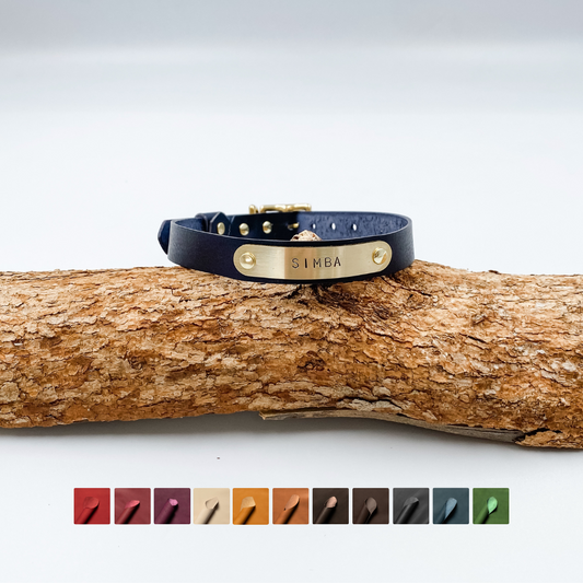 Soft Leather Puppy Collar with personalised brass nameplate - custom made in NZ by Kinfolk Leather