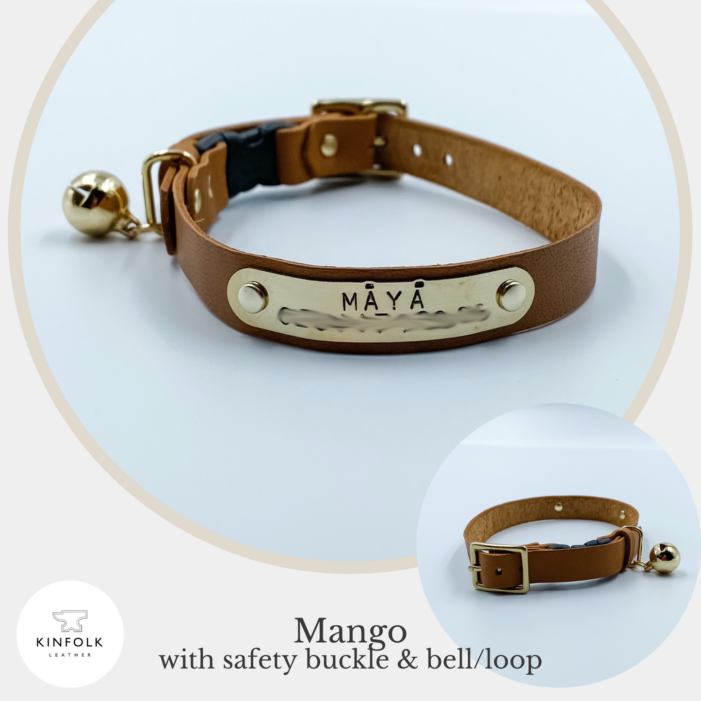 Custom Cat Collar with nameplate - Mango - made in NZ by Kinfolk Leather