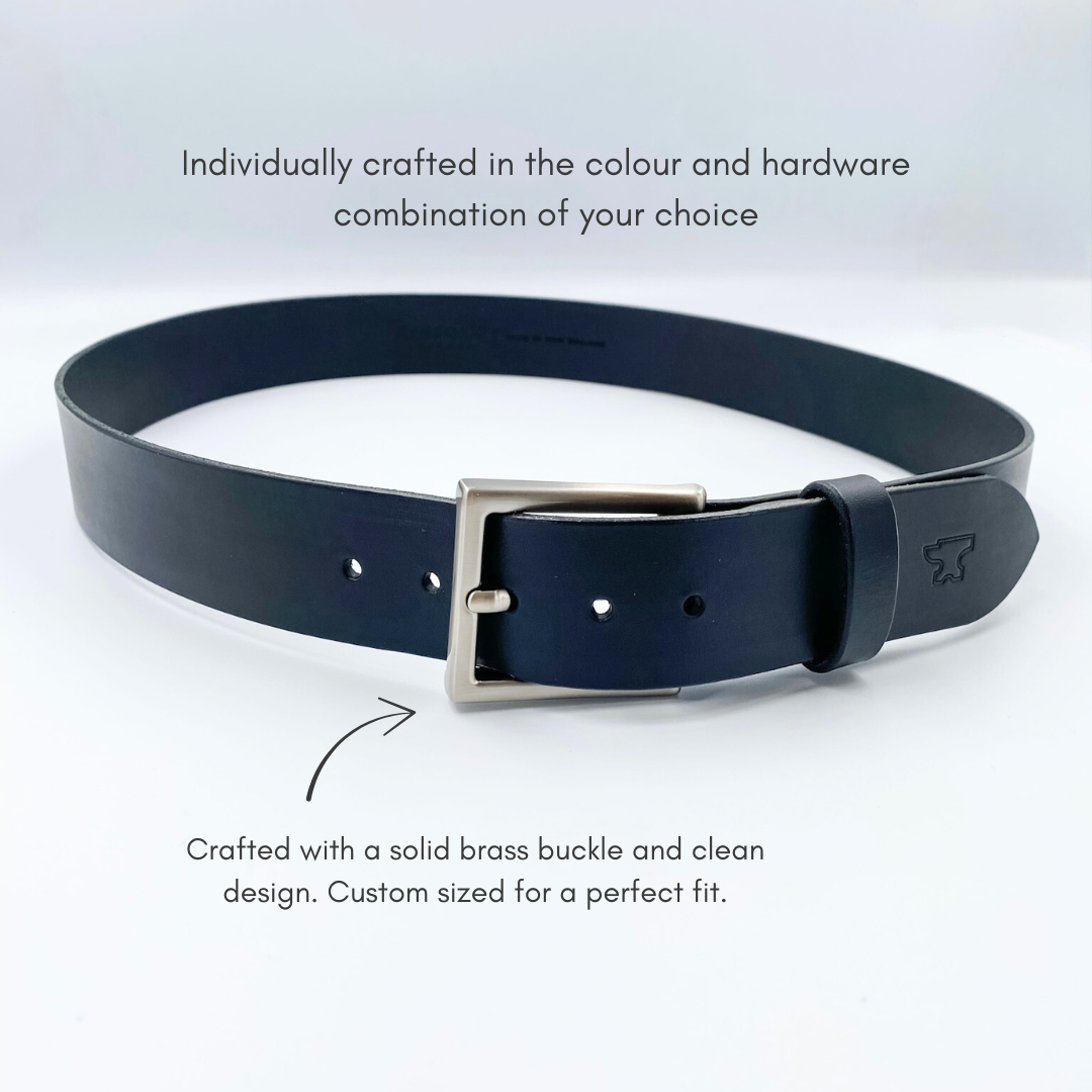 Black leather personalised belt for men with silver buckle