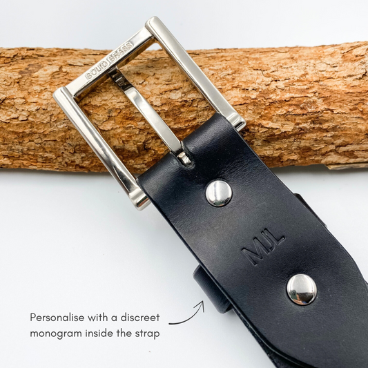 Mens black leather belt with initials - personalised monogram