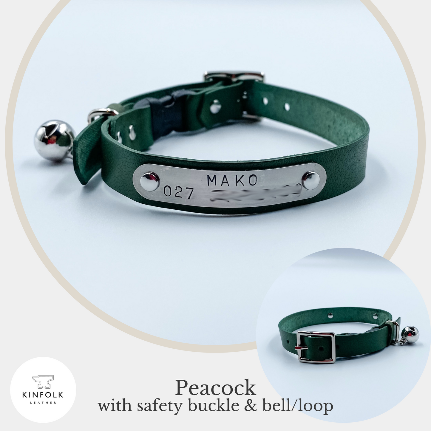 Custom Cat Collar with nameplate - Peacock Green - made in NZ by Kinfolk Leather