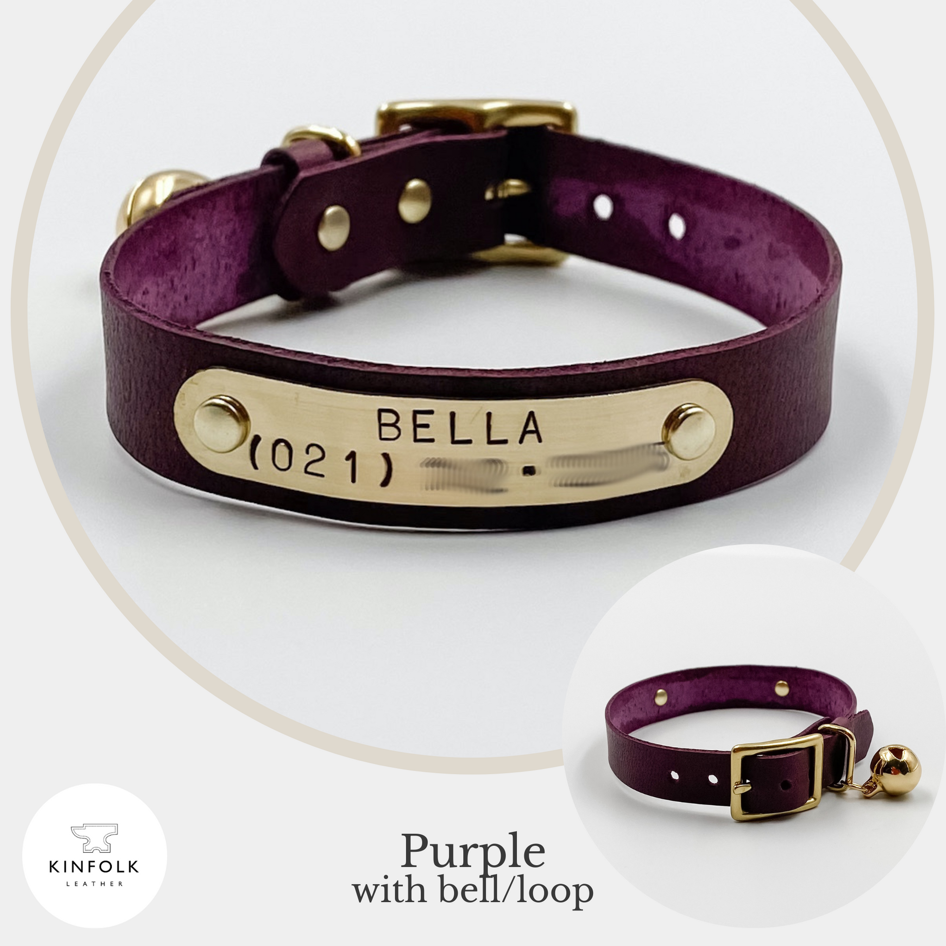 Custom Cat Collar with nameplate - Purple - made in NZ by Kinfolk Leather