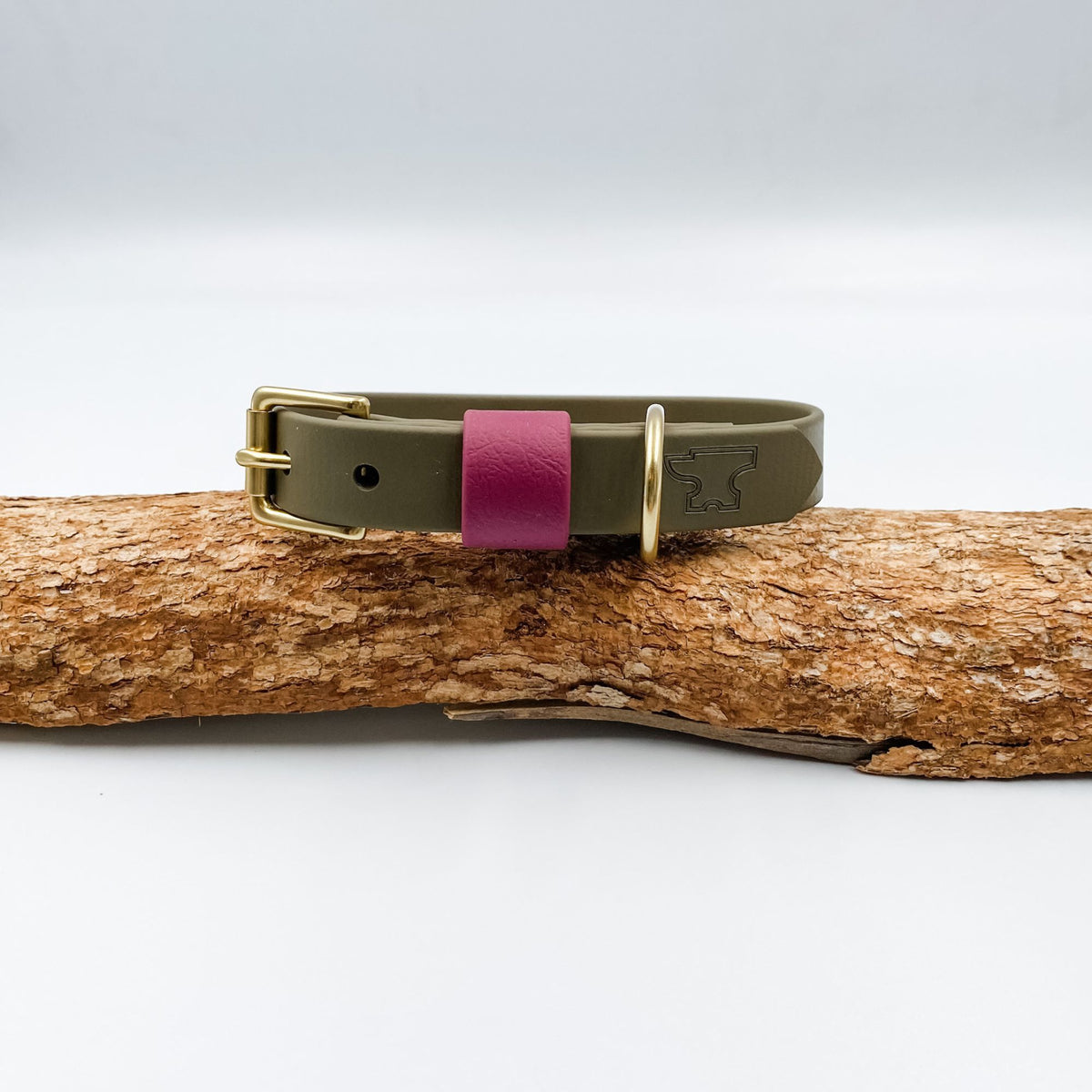 Olive green BioThane dog collar with a wine-coloured keeper and solid brass hardware, handmade in New Zealand.