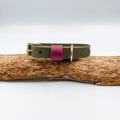 Olive green BioThane dog collar with a wine-coloured keeper and solid brass hardware, handmade in New Zealand.