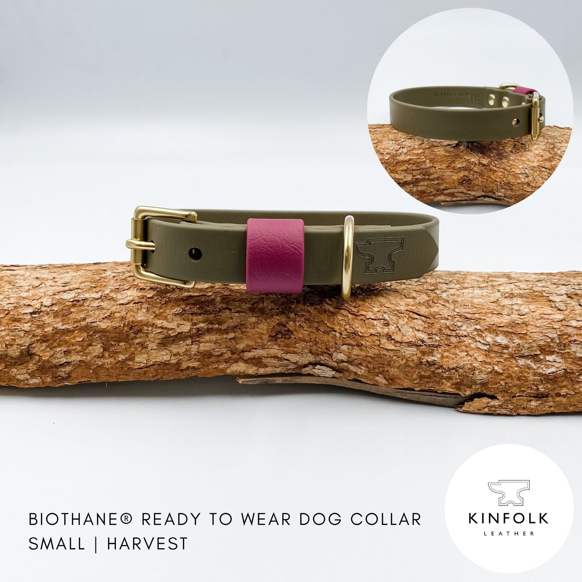 Olive green BioThane dog collar with a wine-coloured keeper and solid brass hardware, handmade in New Zealand.