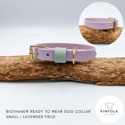 Lavender purple BioThane dog collar with a soft sage keeper and solid brass hardware, handmade in New Zealand.