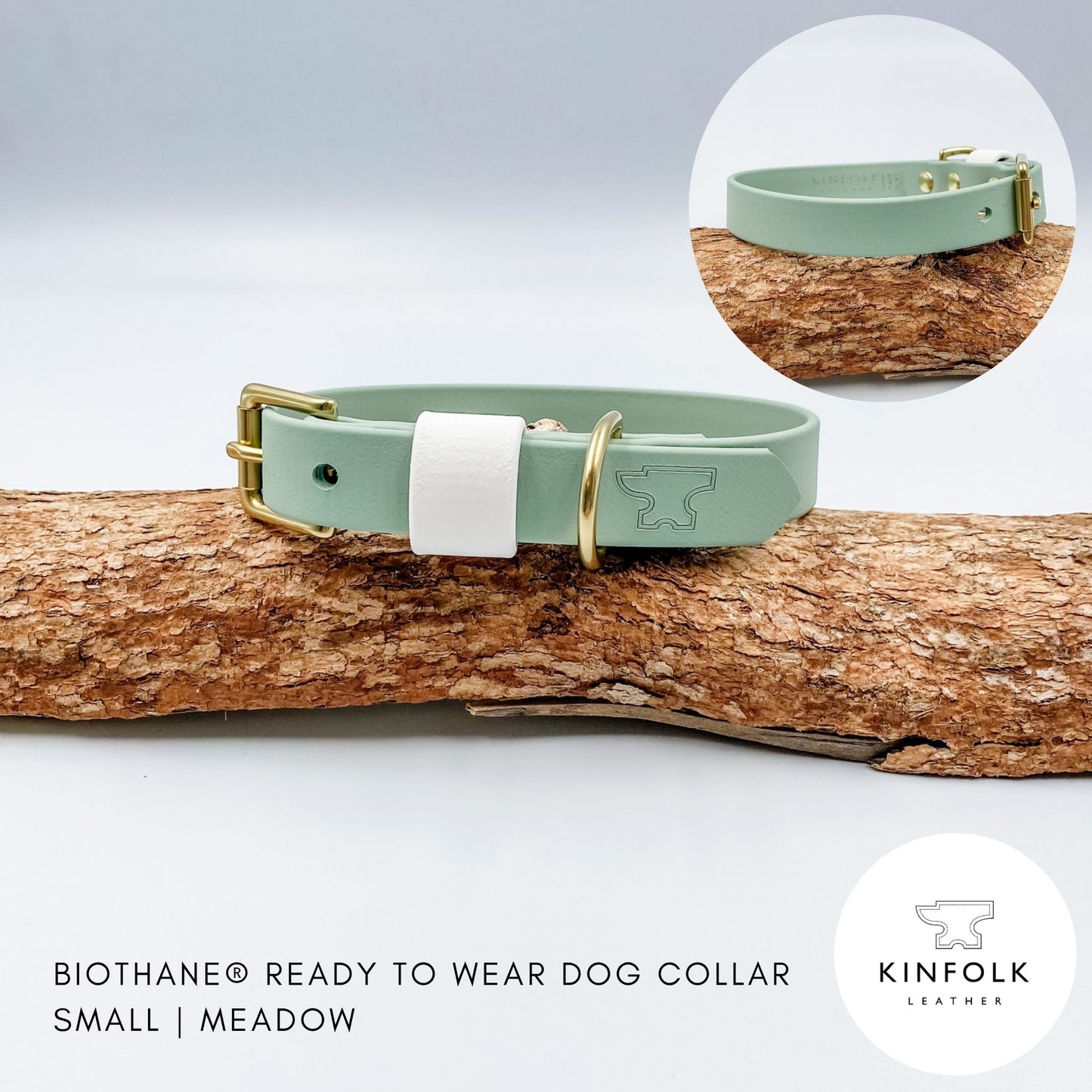 Sage green BioThane dog collar with a crisp white keeper and solid brass hardware, handmade in New Zealand.