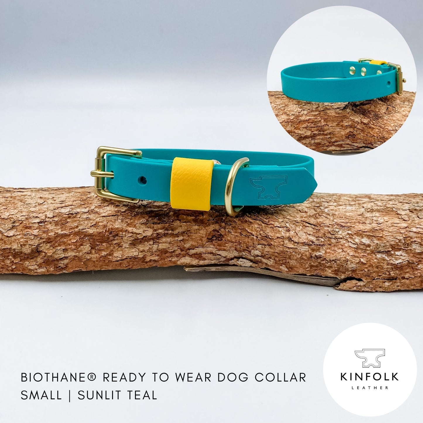 Teal green BioThane dog collar with a bright yellow keeper and solid brass hardware, handmade in New Zealand.