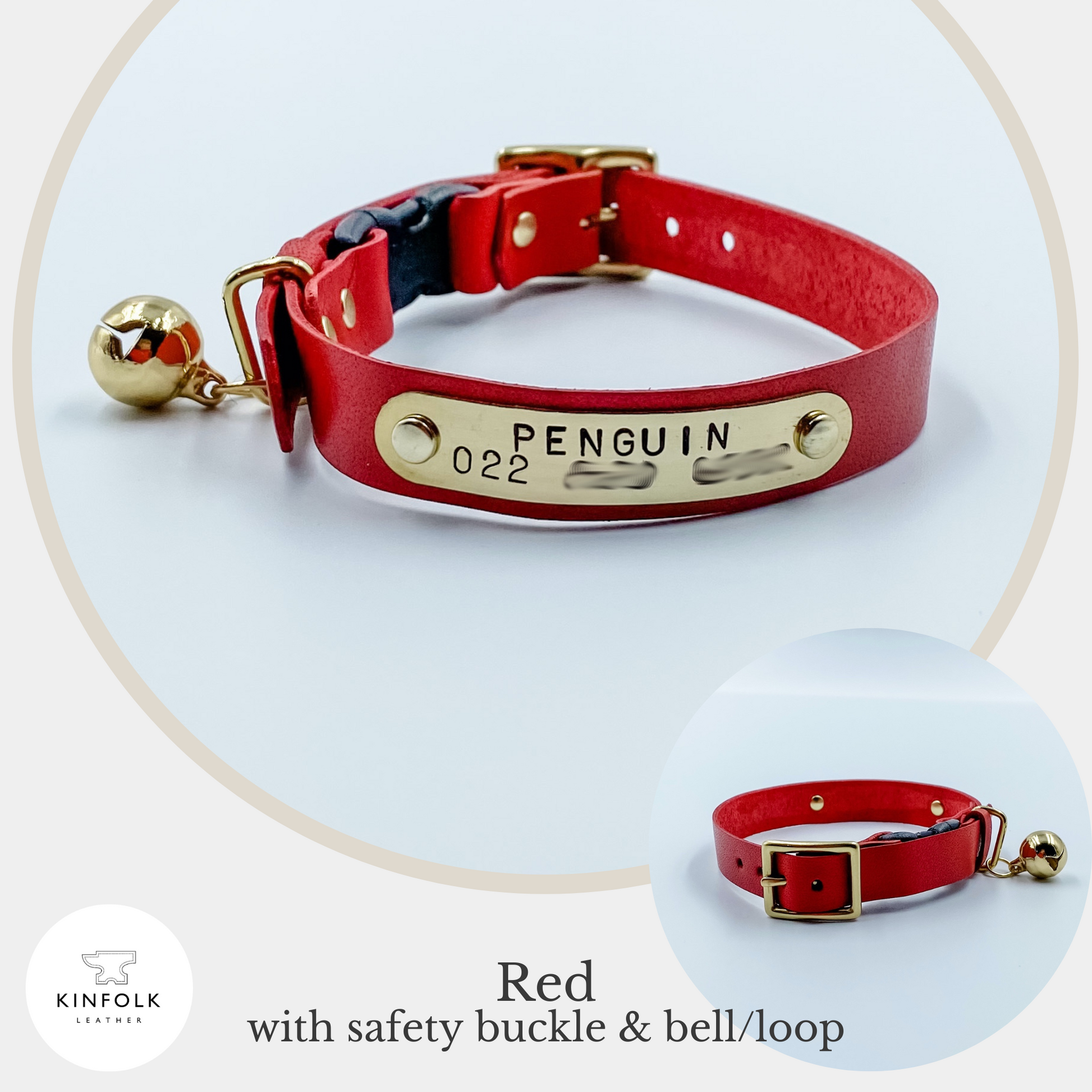Custom Cat Collar with nameplate - Red - made in NZ by Kinfolk Leather