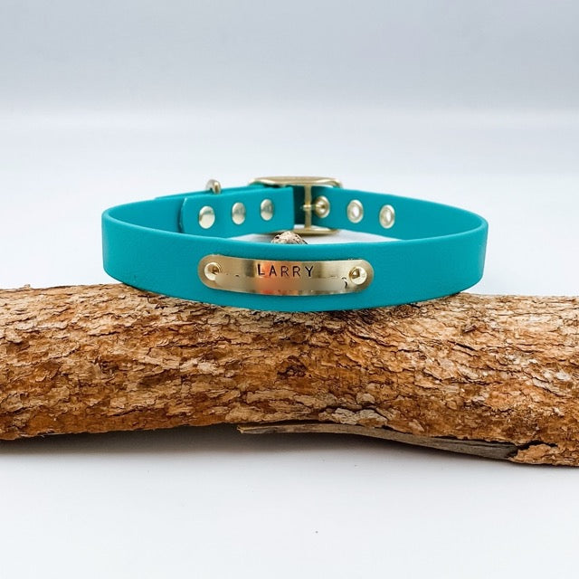 Turquoise dog collar with a gold tag labeled 'LARRY' on a wooden log.