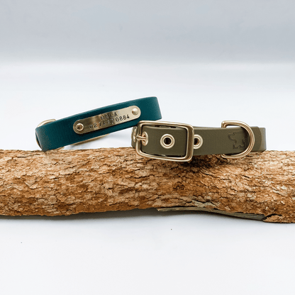 Custom Made Dog Collar with handstamped nameplate - Waterproof Biothane and Solid Brass - View showing solid brass buckle nameplate and eyeletsKinfolk Leather