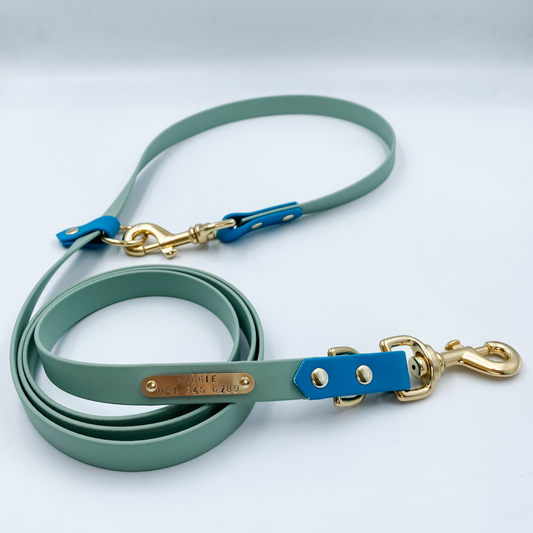 A Handsfree Dog Lead with nameplate Made from Waterproof Biothane - custom made by Kinfolk Leather in New Zealand
