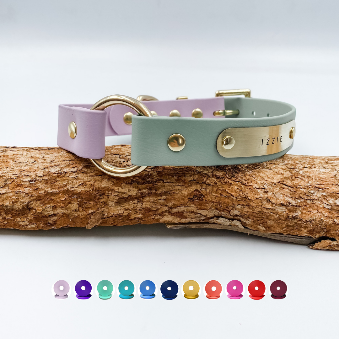 Two Tone O Ring Dog Collar made from waterproof biothane. includes hand stamped nameplate. custom sized