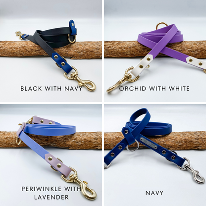 A Handsfree Dog Lead with nameplate Made from Waterproof Biothane - custom made by Kinfolk Leather in New Zealand