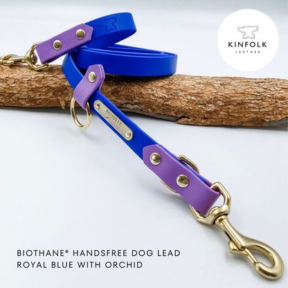 Blue and purple handsfree dog lead with gold hardware on a white background, branded with Kinfolk Leather.