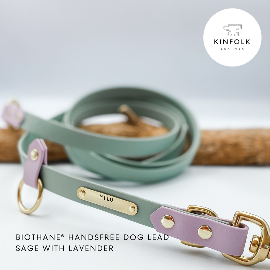 Sage green and lavender dog lead with gold hardware on a light gray background, featuring the Kinfolk Leather logo.