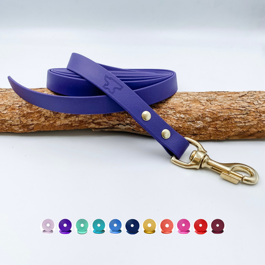 Purple trailing longline dog lead without handle - custom made by Kinfolk Leather in NZ