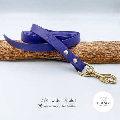 Purple Violet BioThane® trailing long line dog lead with Gold hardware
